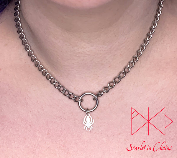 Stainless Steel Spider  charm necklace, day collar, Witch necklace, witchy necklace, Shown warn