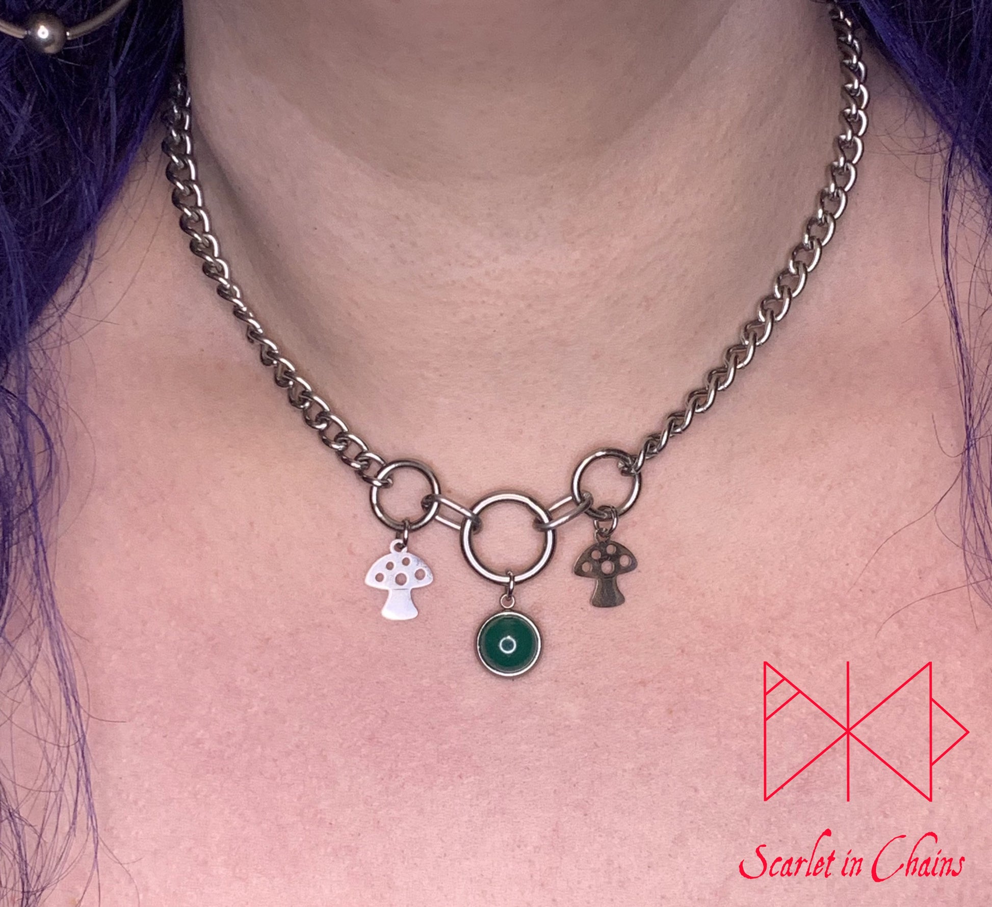 Midnight Toadstool stainless steel semiprecious crystal day collar - Goth choker - Witch necklace - Goth collar - Pastel Goth shown warn