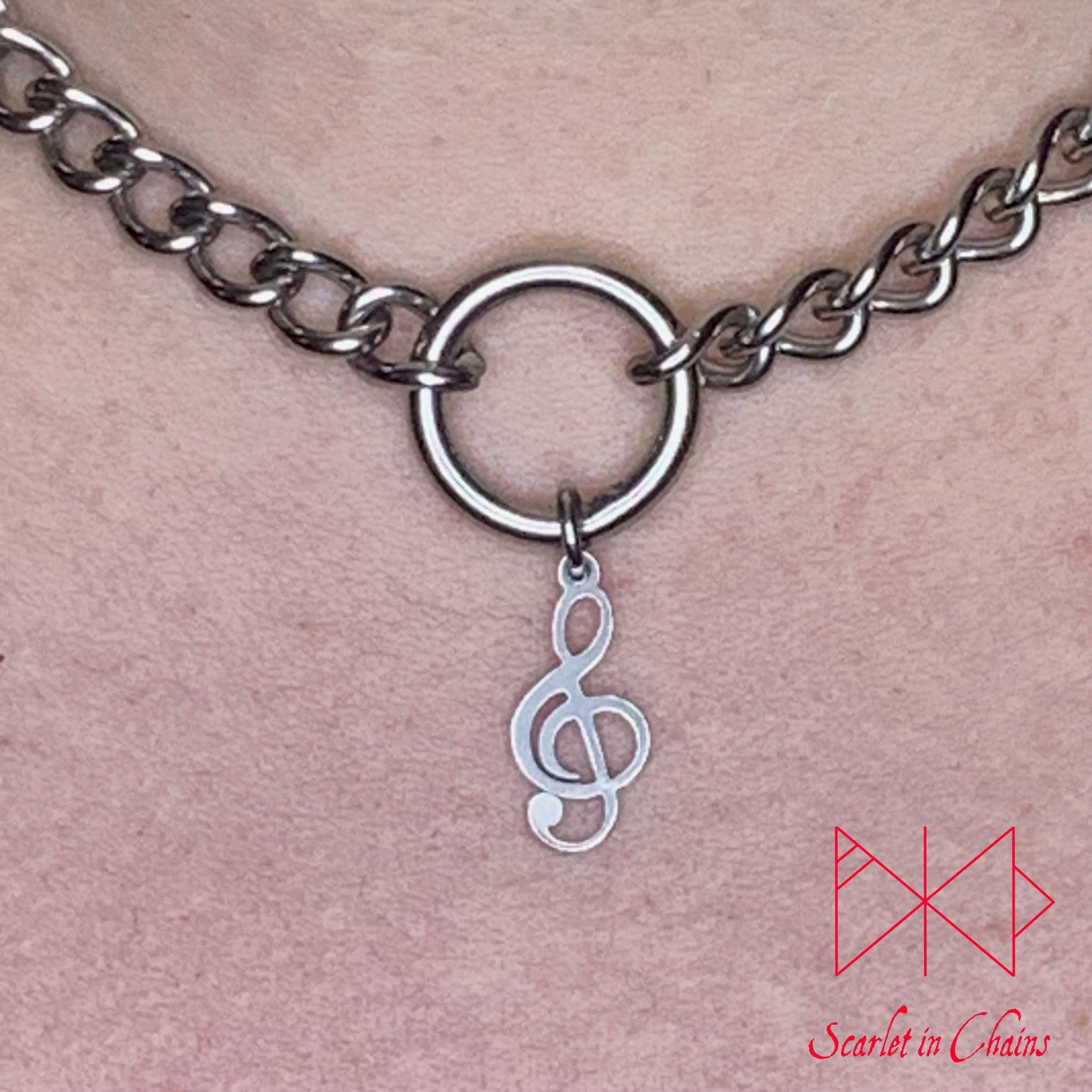 Stainless Steel Treble Clef charm necklace - Music Necklace - Bdsm Day collar - O ring choker - O ring collar - Goth Choker - Fetish - Choker - Day Collar shown close