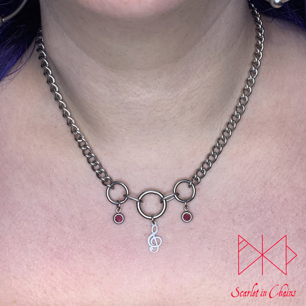 Stainless Steel Crystal Midday Treble Clef - Music day collar - bdsm day collar - O ring collar - locking day collar - subtle day collar - Goth shown warn