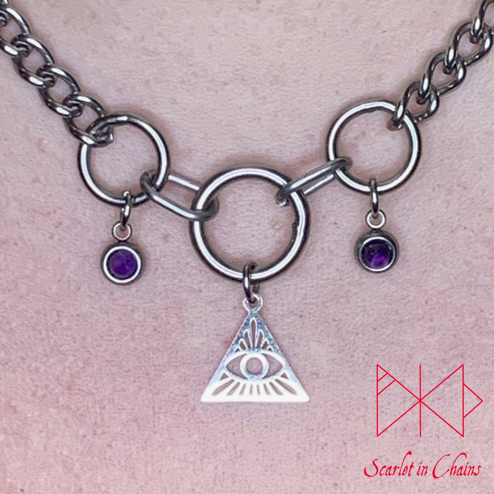 Stainless Steel Crystal Midday All Seeing Eye - Eye of Providence day collar - bdsm day collar - O ring collar - locking day collar - subtle day collar - Goth shown close