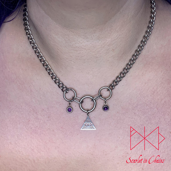 Stainless Steel Crystal Midday All Seeing Eye - Eye of Providence day collar - bdsm day collar - O ring collar - locking day collar - subtle day collar - Goth shown warn
